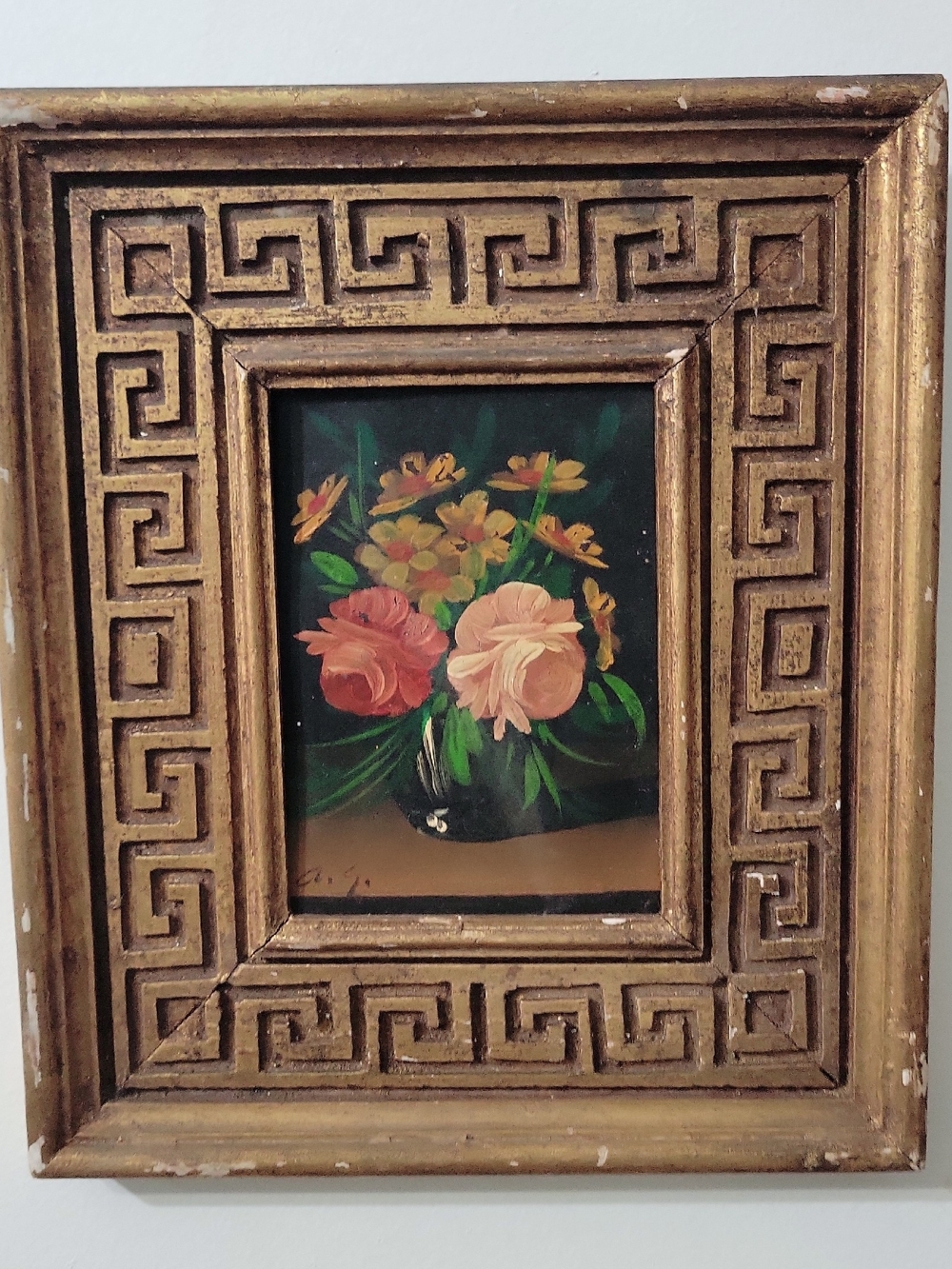 Vintage Floral Painting in Ornate Greek Key Gold Frame